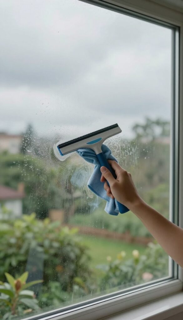 Person cleaning a window on a cloudy day with a squeegee and cloth, soft natural light, no streaks, garden background.