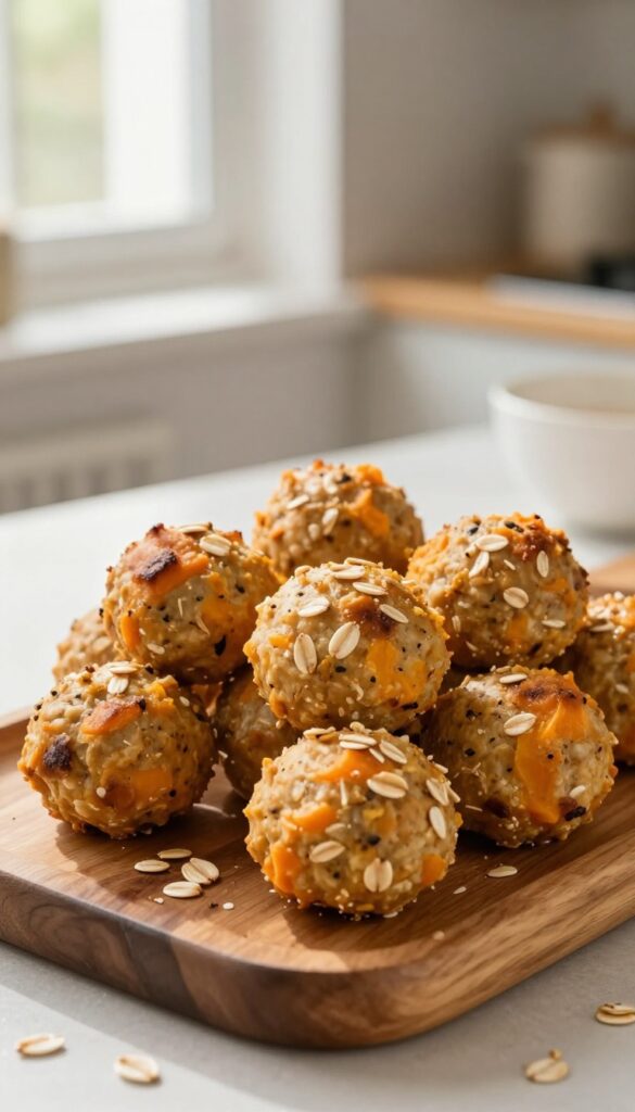Homemade chicken and sweet potato dog meatballs on a wooden platter, baked golden brown, with scattered oats.