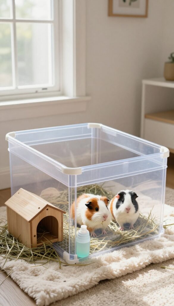 A playpen attached to a guinea pig cage, providing extra roaming space with fleece lining and accessories.