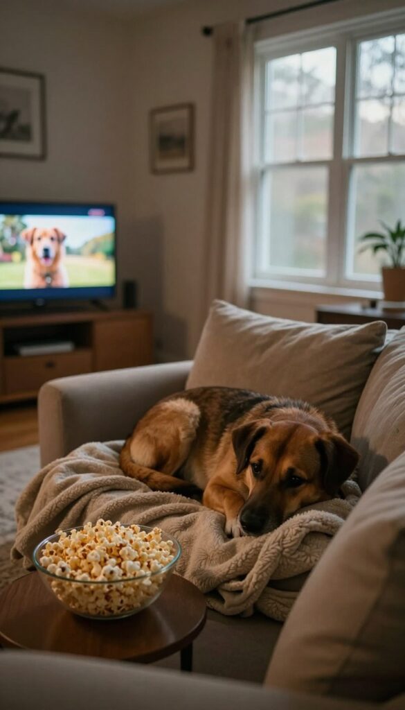 Cozy dog birthday movie night setup with blanket nest, popcorn, and glowing TV.