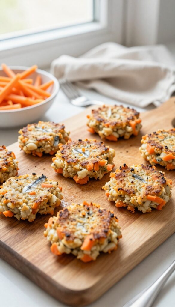 Homemade mackerel and carrot dog patties arranged on a wooden cutting board with a bowl of shredded carrots nearby.