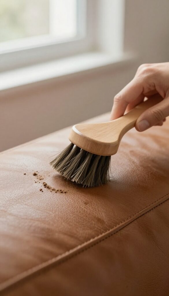 Hand brushing dried dirt off a leather couch with a soft-bristle brush in bright natural light