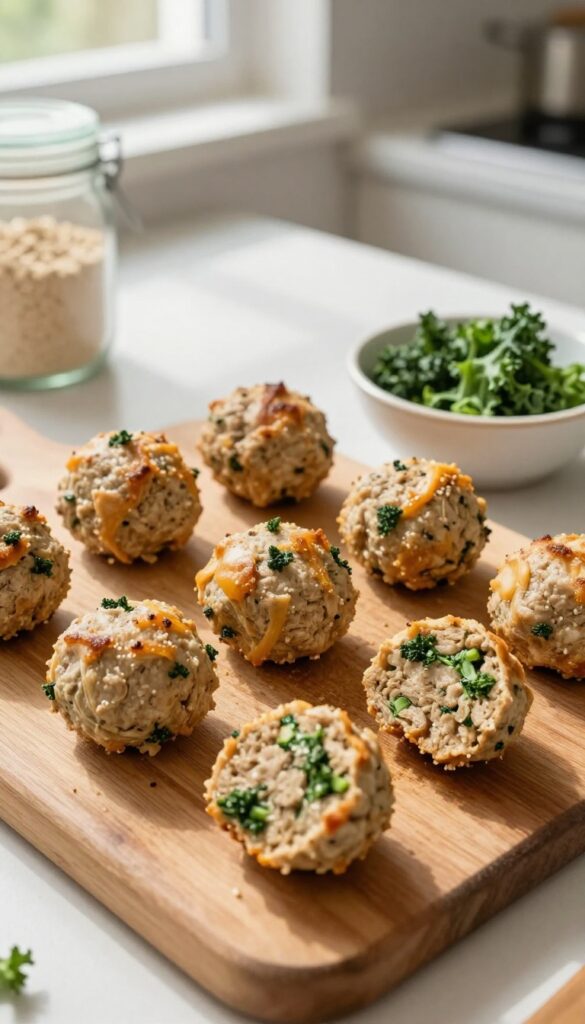 Baked chicken and kale meatballs for dogs on a wooden cutting board, with a bowl of extra meatballs and ingredients in the background.