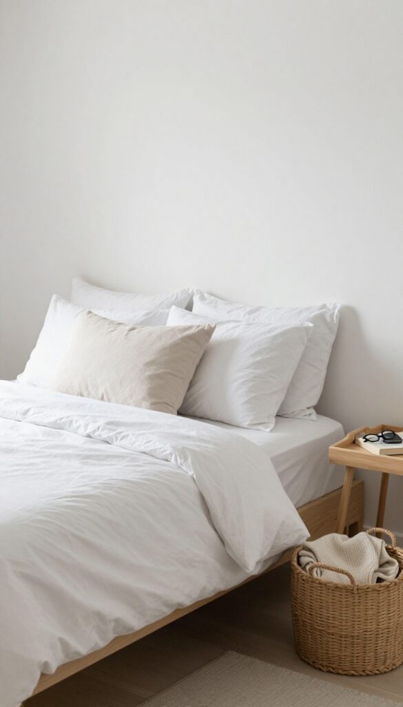 A tidy bedroom with a nightstand tray holding everyday items, illustrating the concept of finding a home for everything.