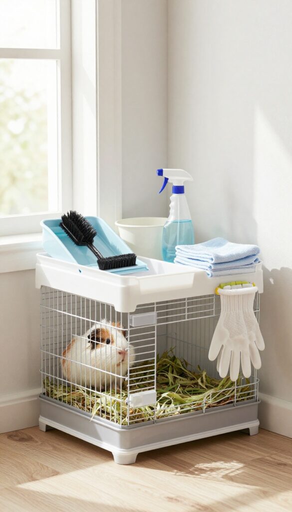 A cleaning caddy filled with pet supplies placed next to a guinea pig cage, with natural light and tidy surroundings.