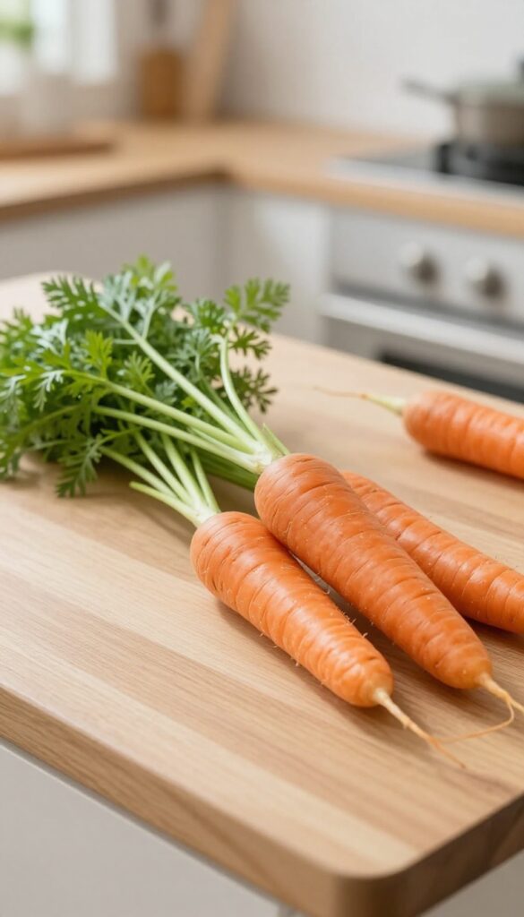 Fresh carrot tops on a wooden surface with whole carrots nearby, natural lighting, photorealistic style.