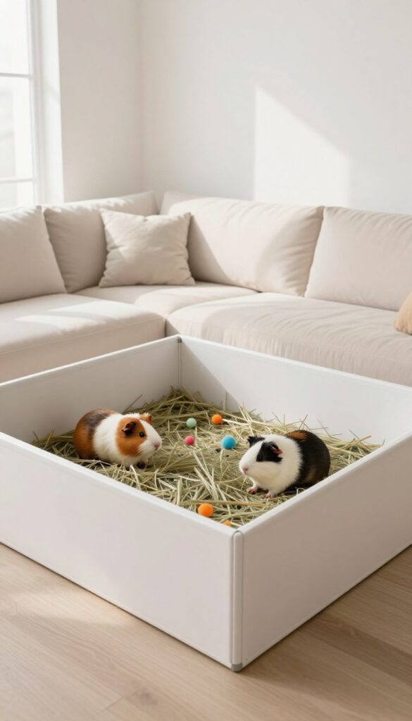 Guinea pig playpen used as a room divider in a small flat, with modular panels separating living and dining areas, and guinea pigs playing inside.