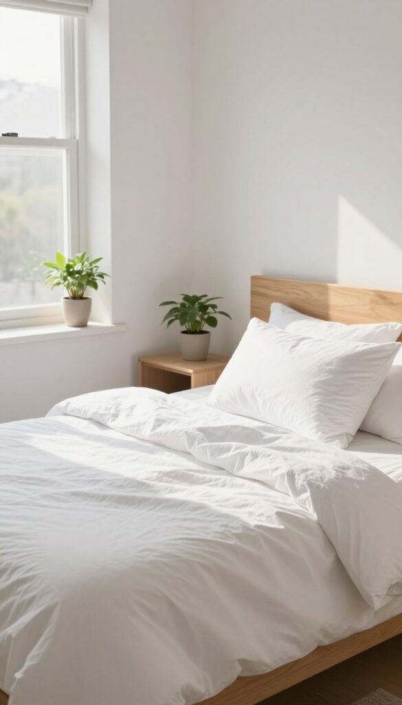 A freshly made bed in a sunlit bedroom with white linens and a potted plant, creating a calm and orderly space.