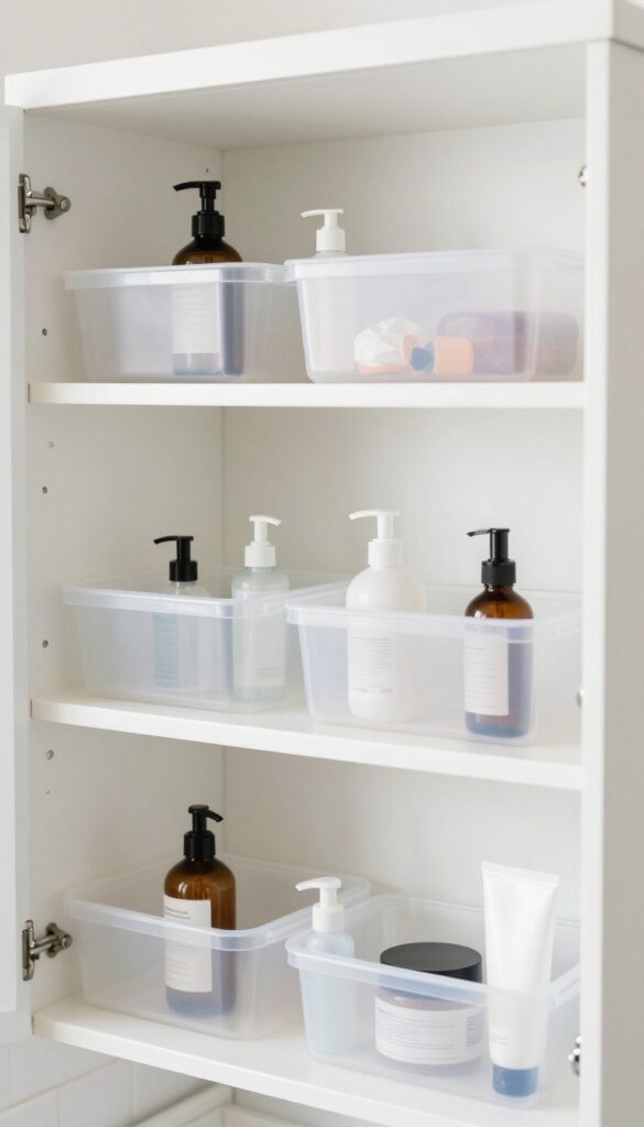 Open bathroom cabinet with neatly organized clear bins and trays holding toiletries, natural lighting, clean shelves.