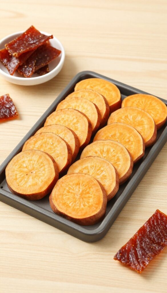 Homemade dehydrated sweet potato and chicken jerky bites for dogs on a dehydrator tray