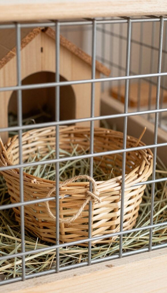 DIY hay rack made from a willow basket hung on a guinea pig cage