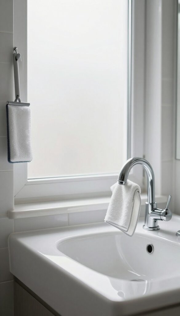 Clean bathroom sink with microfiber cloth and squeegee after wiping surfaces