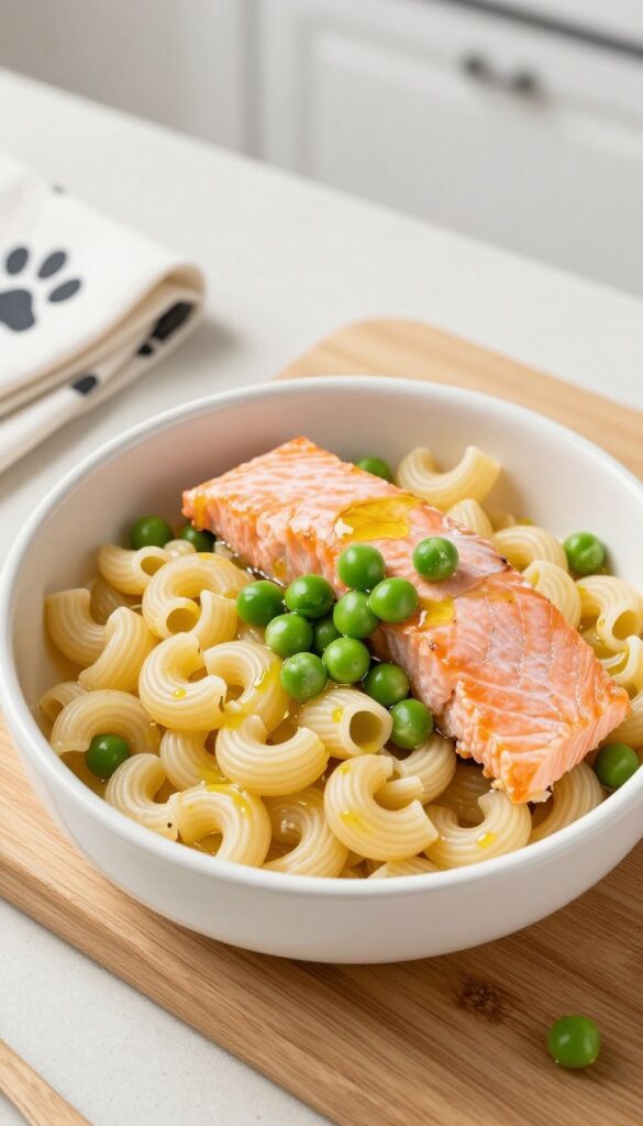 A dog bowl of salmon and pea pasta for dogs, with elbow macaroni, salmon flakes, and peas, on a wooden table in natural light.