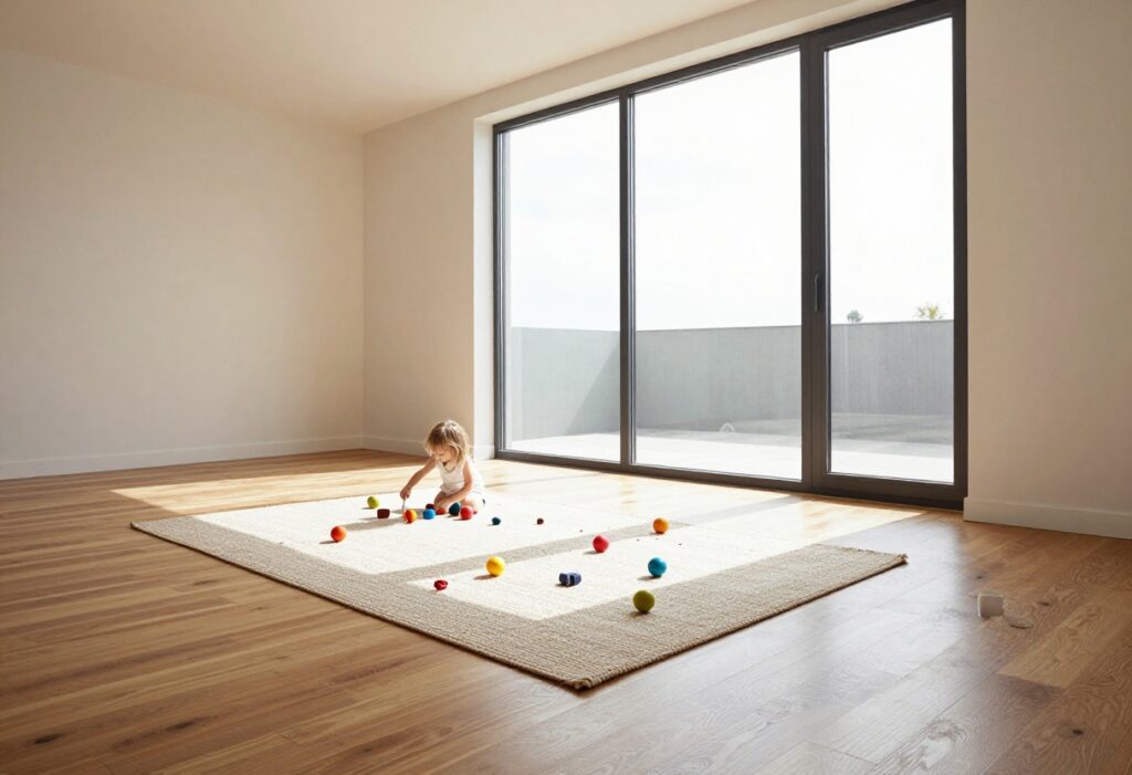 Family living room with hardwood floors and a child playing, showing a clean but lived-in space.