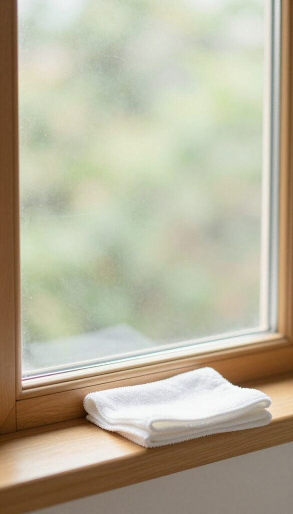 Clean window with microfiber cloth on sill, bright natural light, no streaks, garden view outside