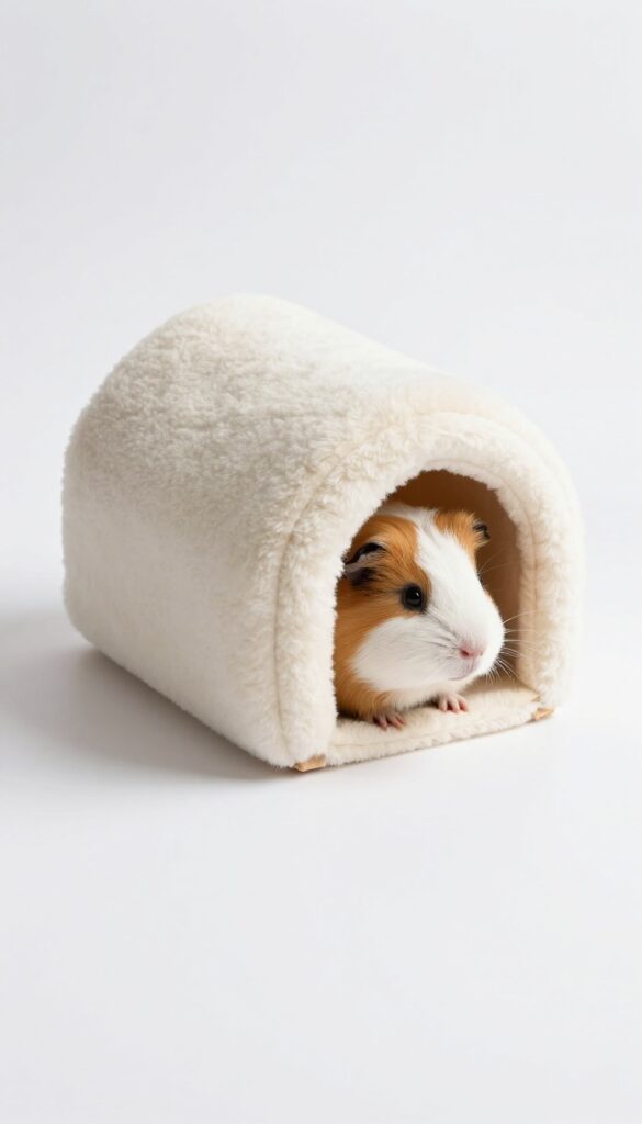 A guinea pig peeking out from a soft fleece hidey house on a white surface.