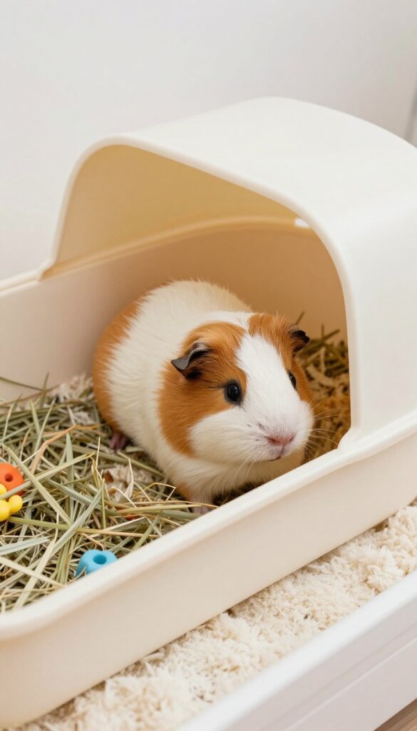 Corner litter pan in a guinea pig cage, space-saving and clean setup