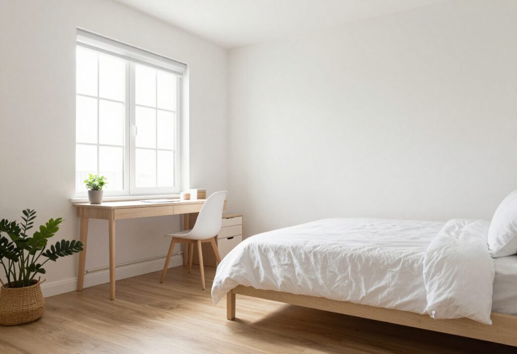 Clean and organized bedroom after decluttering with bed made, floor clear, and desk tidy.