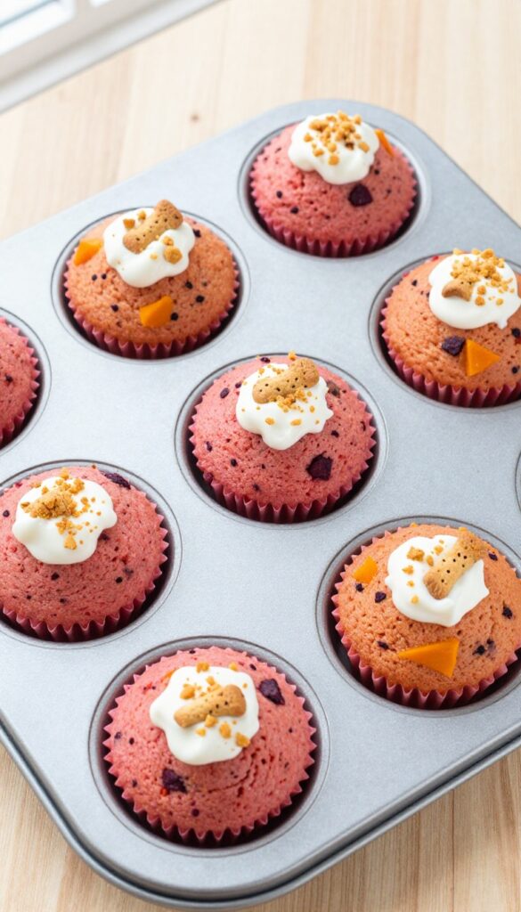Homemade beet and pumpkin pupcakes for dogs, topped with yogurt and crushed dog biscuits, arranged in a mini muffin tin.