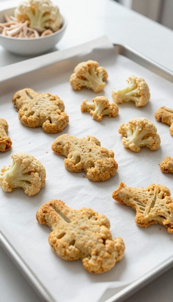 Homemade cauliflower and chicken baked dog treats on a parchment-lined baking sheet, golden and bite-sized, with fork marks, in natural light.