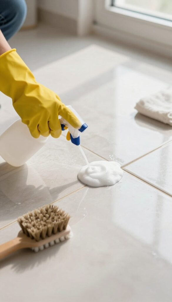 Applying commercial grout cleaner to dirty grout lines on a tile floor with a spray bottle and brush