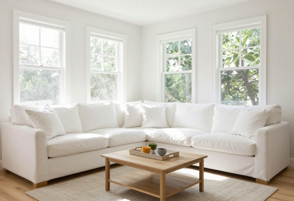 Clean and organized living room ready for guests with fluffy pillows and a tidy coffee table.