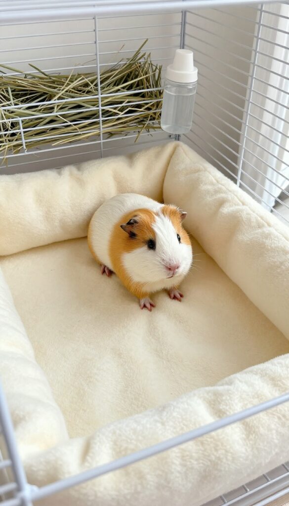 Guinea pig sitting on a homemade fleece liner with absorbent core in a clean cage corner