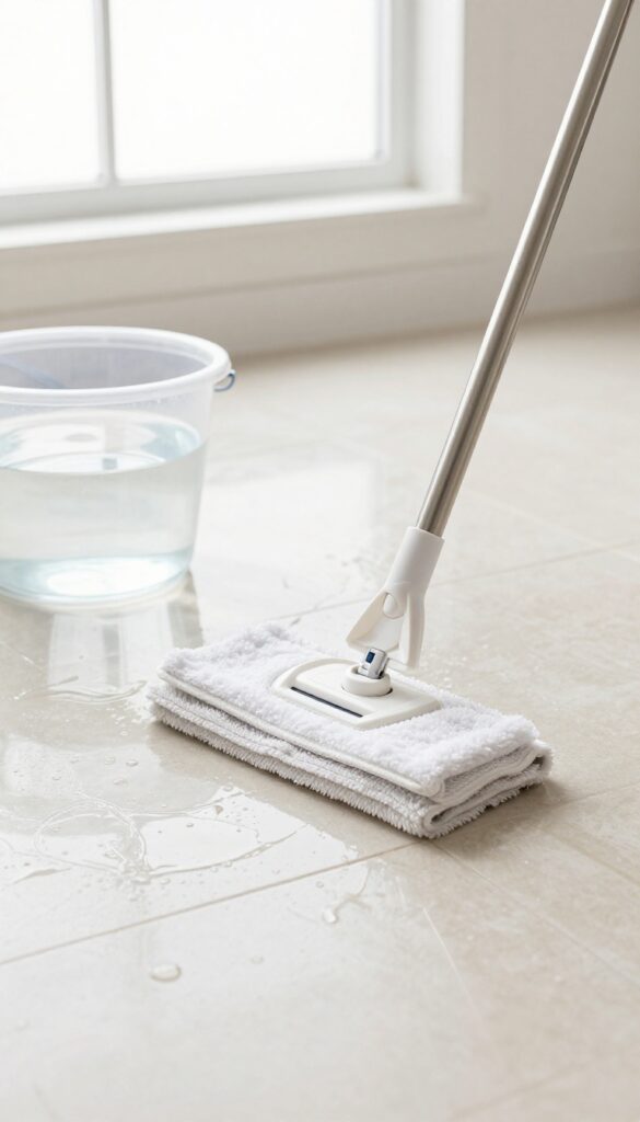 Close-up of rinsing a tile floor with a microfiber mop and bucket of clean water in bright natural light