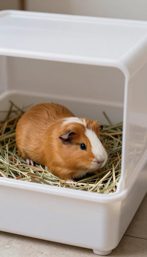 Guinea pig cage with deep plastic base containing bedding and hay, guinea pig burrowing inside.