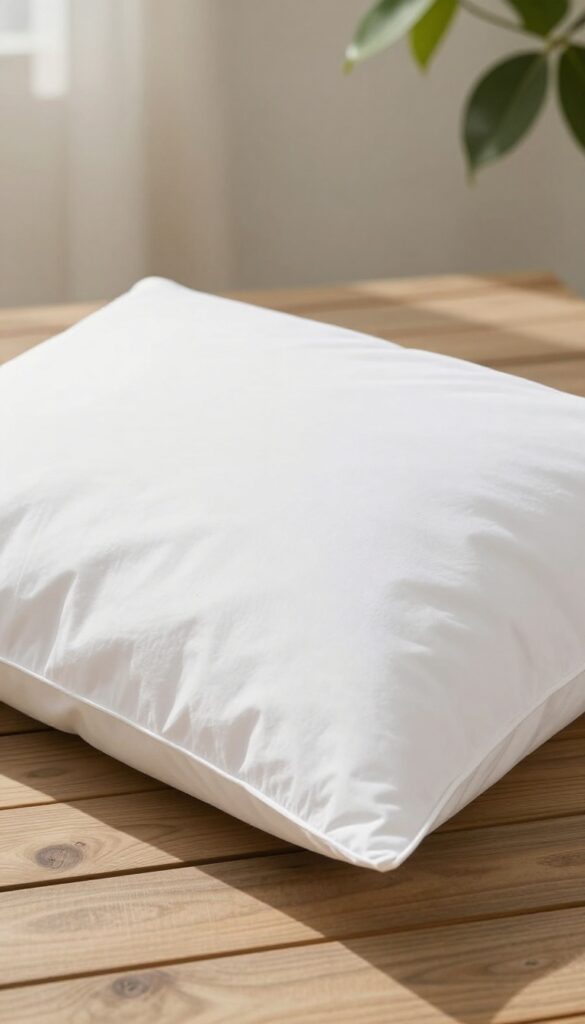 A fluffy white pillow being freshened in sunlight on a wooden deck