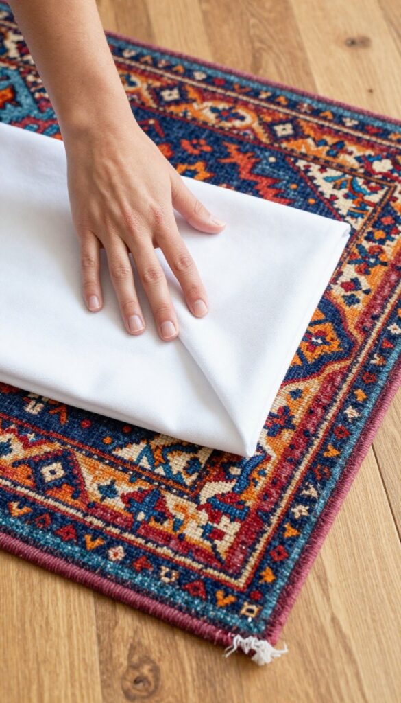 Hand pressing a white cloth on a hidden corner of a colorful area rug to test for colorfastness