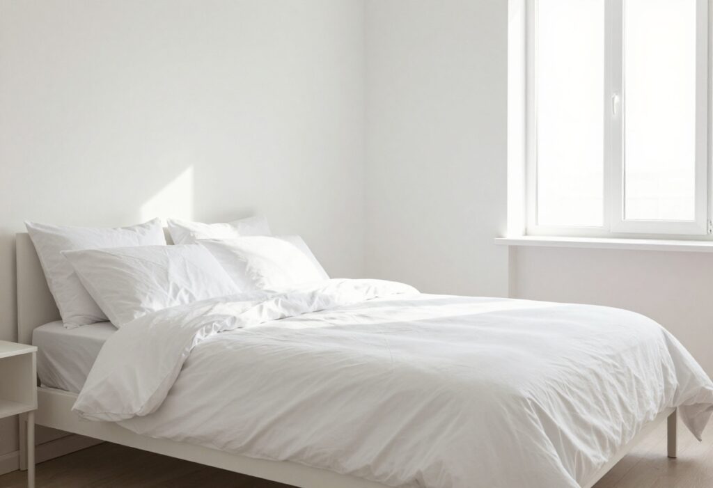 Clean and organized bedroom with fresh linens and sunlight