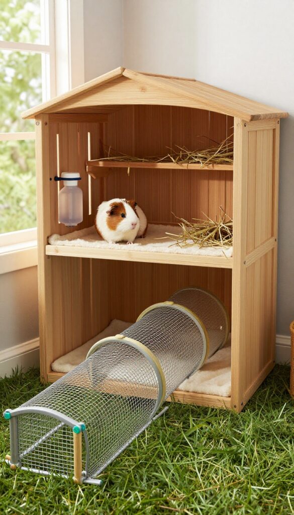Corner hutch with outdoor run access for guinea pigs in a small bedroom