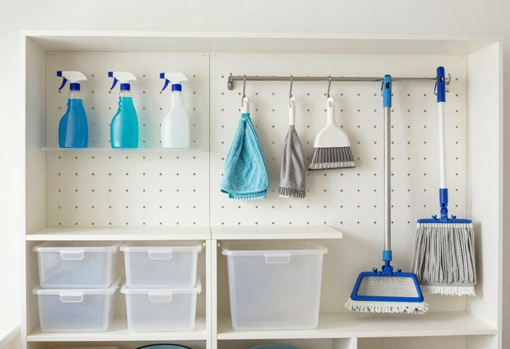 Organized cleaning closet with pegboard, bins, and hanging bottles