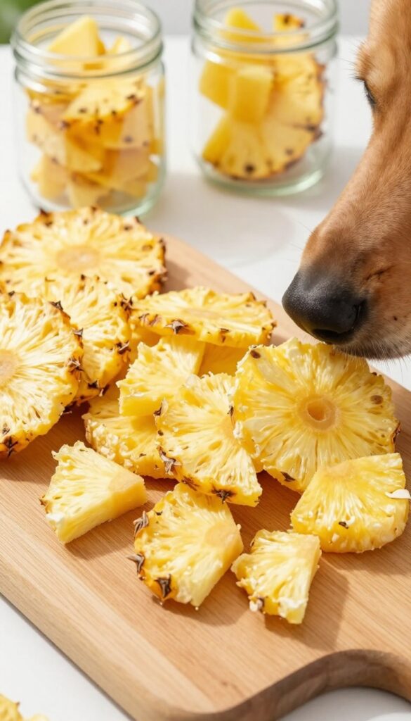Dehydrated pineapple rings on a wooden cutting board with a jar of rings and a dog sniffing, homemade dog treat photography.