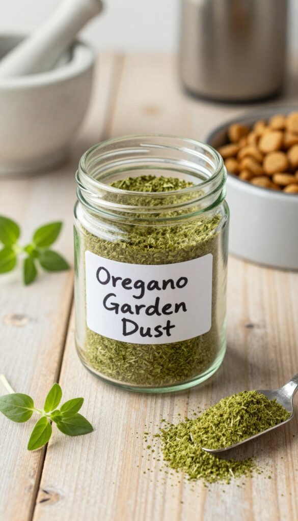 Jar of homemade oregano garden dust topper next to dog bowl with sprinkled kibble