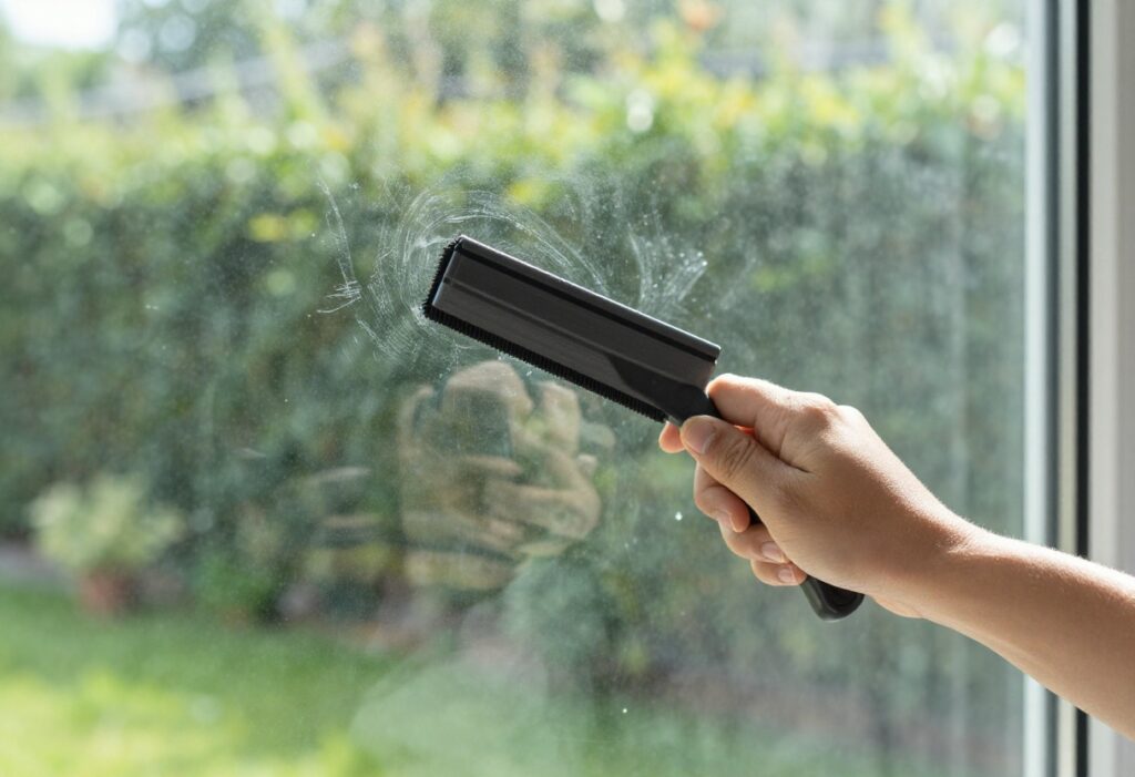 Hand using a squeegee to clean a window with streak-free results