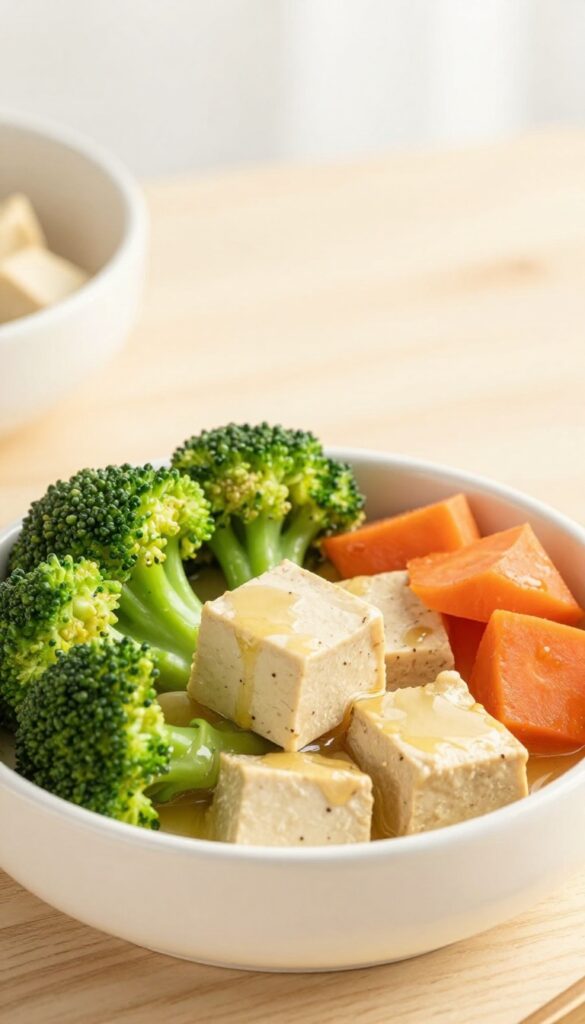 Fresh dog meal prep: veggie and tofu stir-fry in a dog bowl