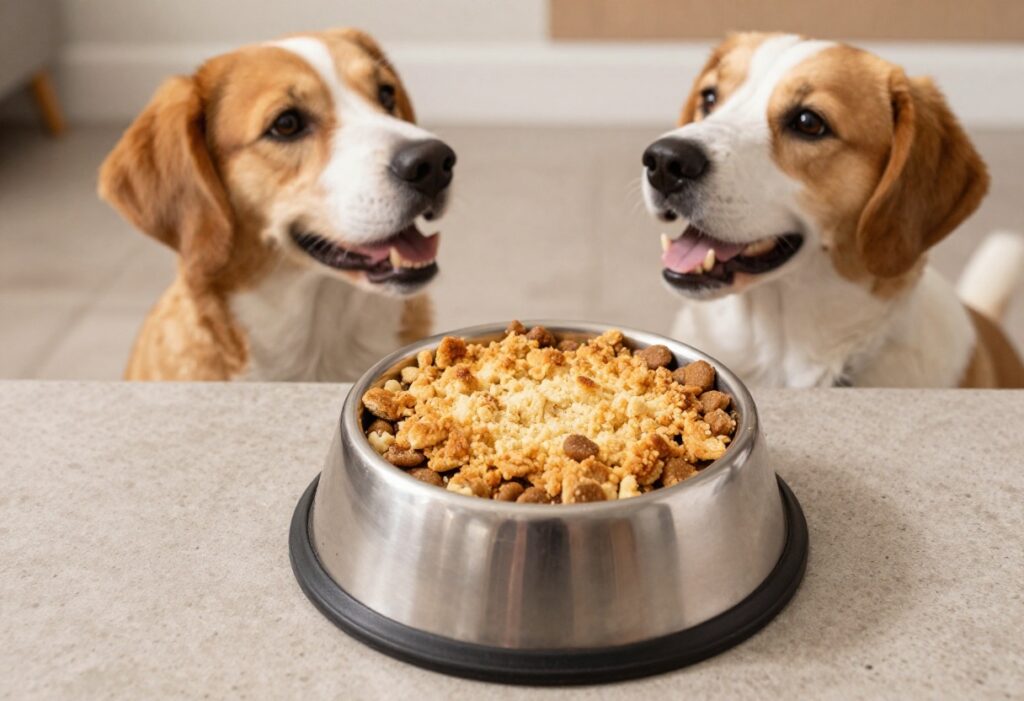 Dog food bowl with crumble topper and a happy dog looking at it