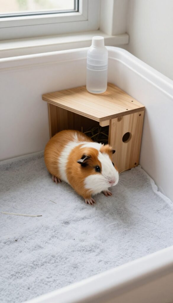 A clean guinea pig enclosure with a smooth plastic base, fleece liner, and sealed wooden hideout, designed for easy cleaning.