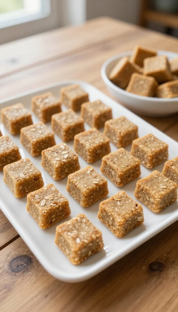 A platter of homemade soft oatmeal and applesauce dog treats, arranged on a wooden table in natural light.