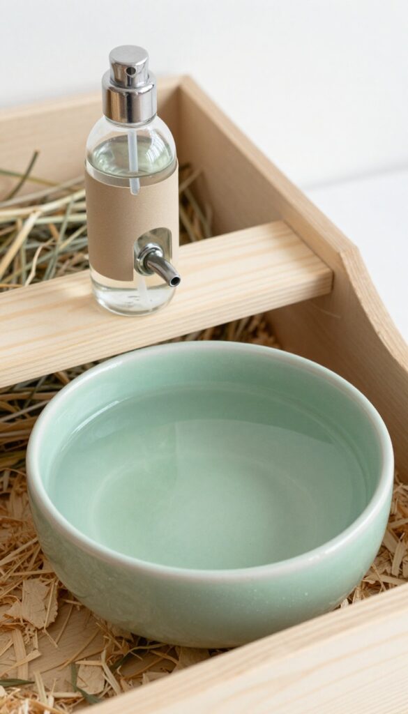 Guinea pig habitat with a sage green ceramic water bowl and a tinted glass water bottle with metal spout, set on natural bedding.