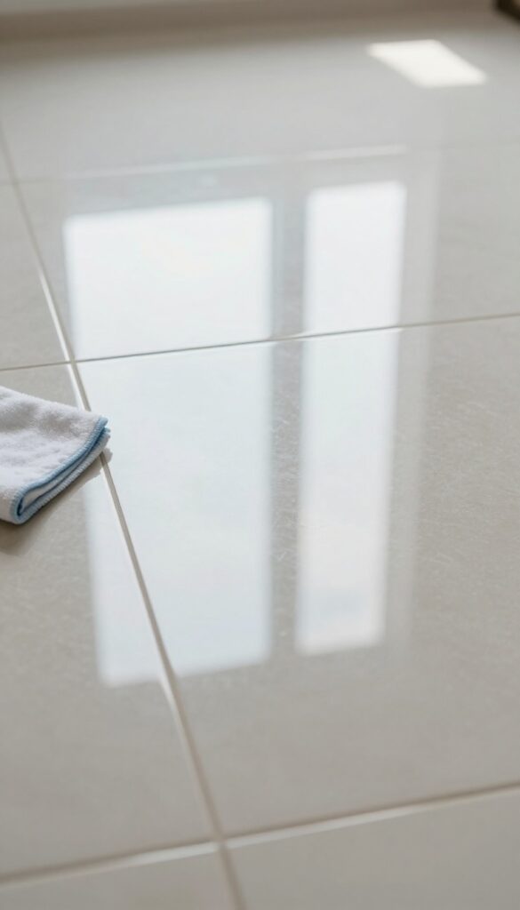 Close-up of a microfiber cloth buffing a shiny ceramic tile floor