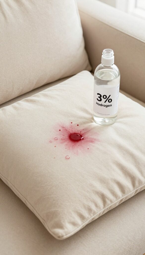 Hydrogen peroxide fizzing on a red wine stain on a beige sofa cushion