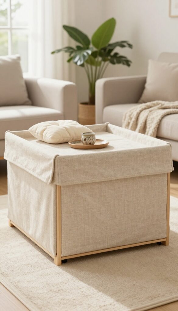 Dog crate covered with a linen fabric and cushion, styled as an end table in a bright living room.