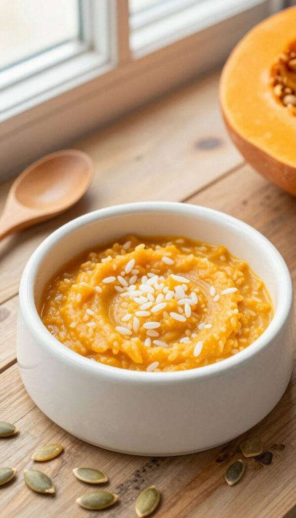 Homemade pumpkin and rice porridge dog food topper in a ceramic bowl, gentle for sensitive stomachs.