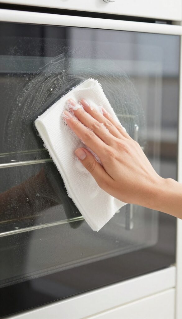 Hand cleaning a greasy oven door with a DIY grease-cutting wipe.