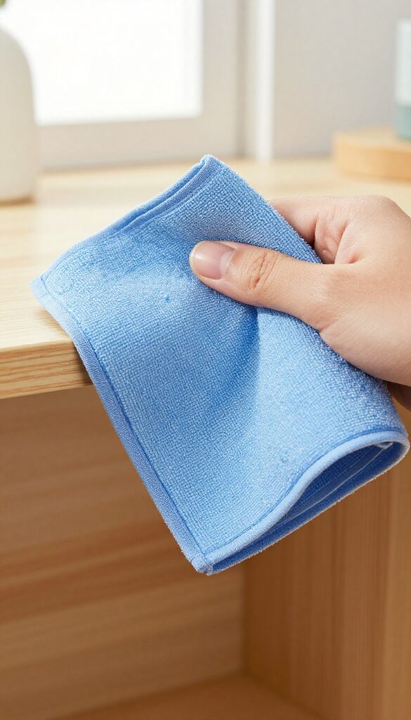 Person wiping a wooden shelf with a damp microfiber cloth, bright natural light, clean and shiny surface.