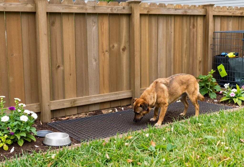 Dog sniffing near buried hardware cloth at base of wooden fence in sunny backyard