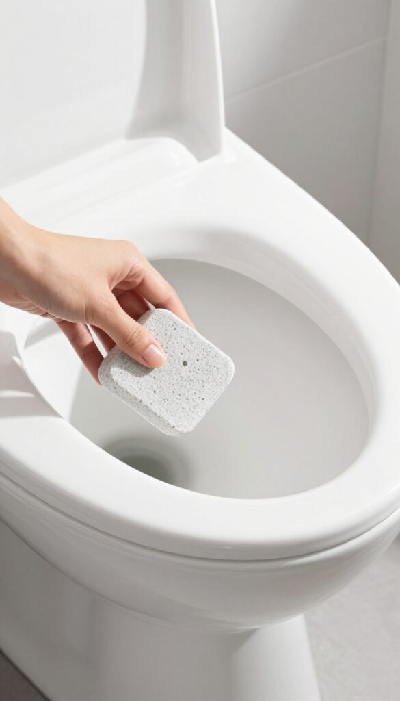Hand using a wet pumice stone to remove hard water stains from a toilet bowl